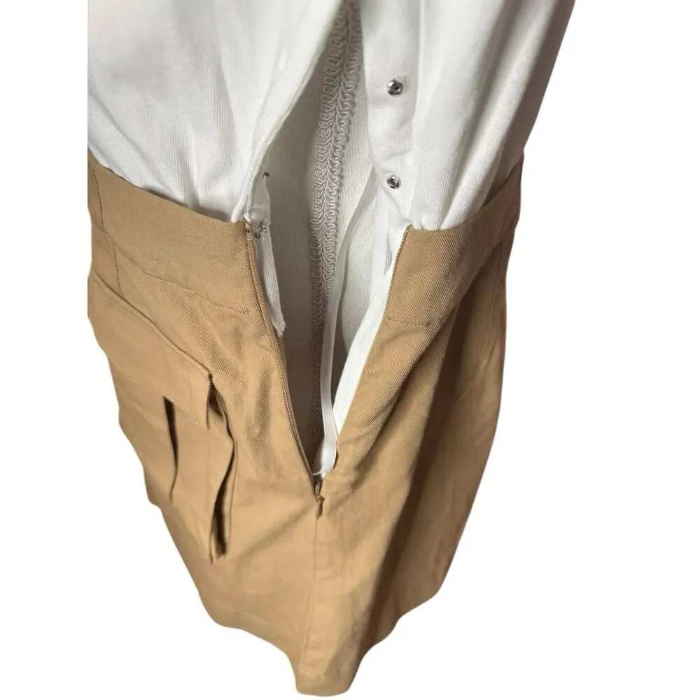 Veronica Beard Elowyn Mixed Media Dress Womens L White/Khaki Boat Neck Zip Snap